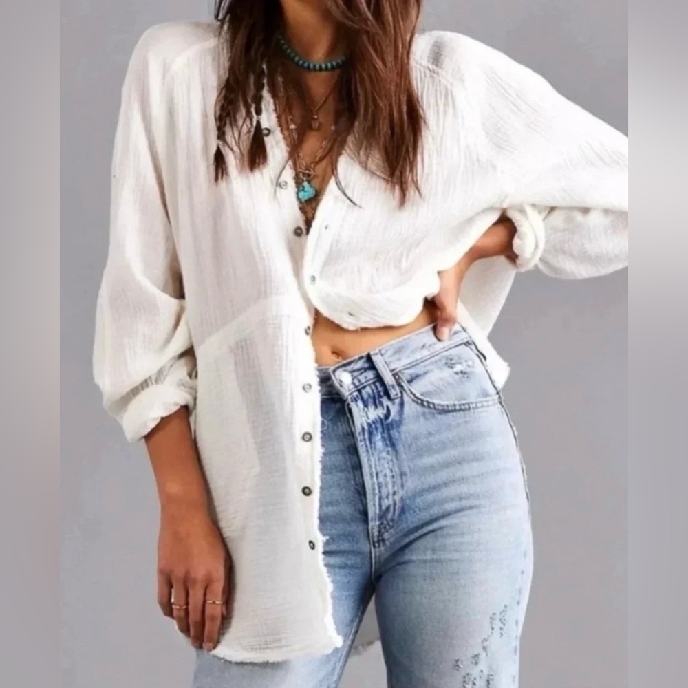 We The Free White Button Down Gauze Shirt
